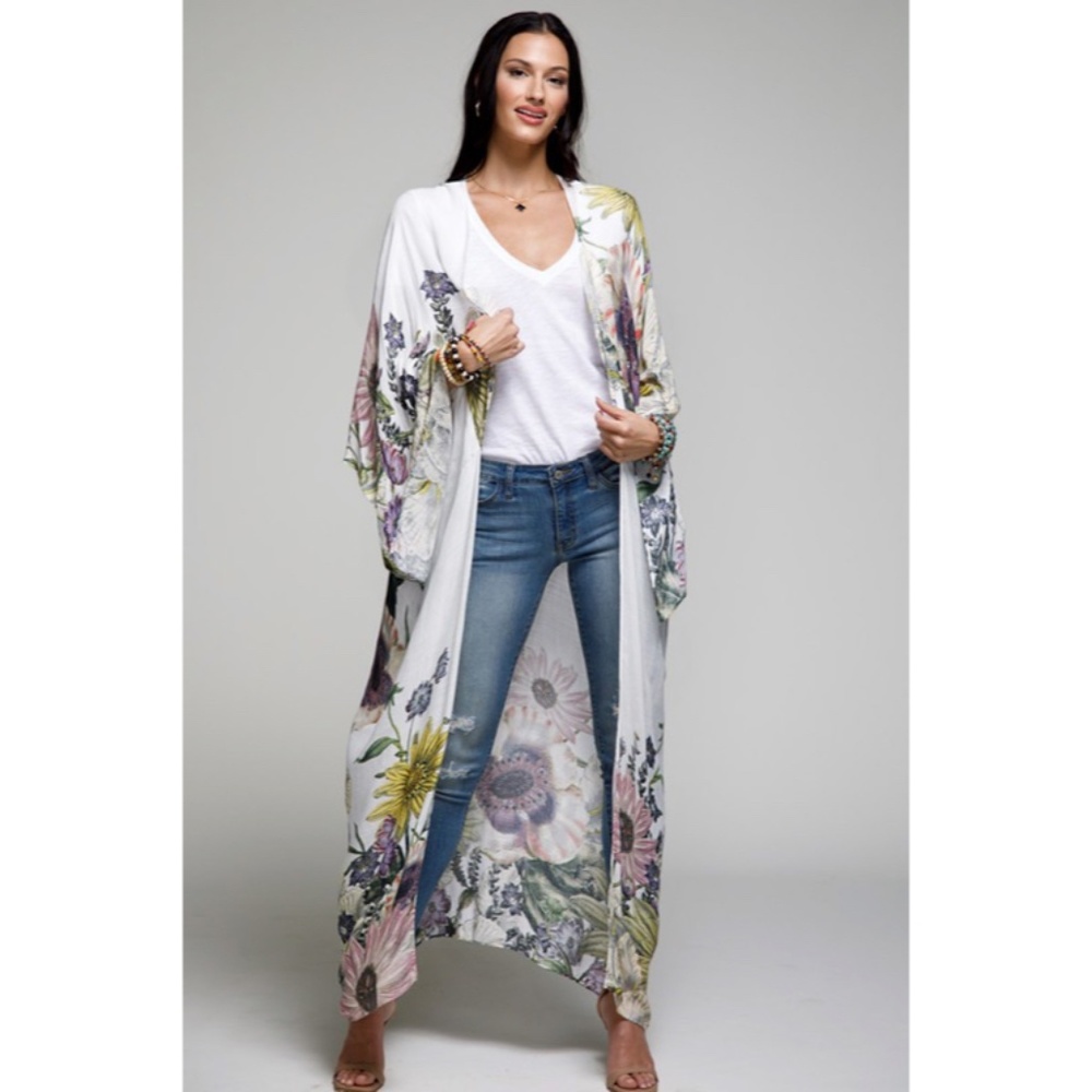 Aurelia Floral Motif Flower Sheer Kimono Long Maxi Open Duster Wrap Coverup - Picture 6 of 9